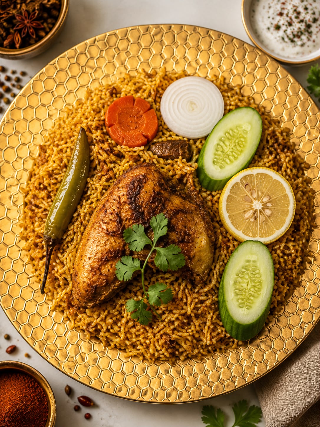 Steam rising from a copper pot of biryani