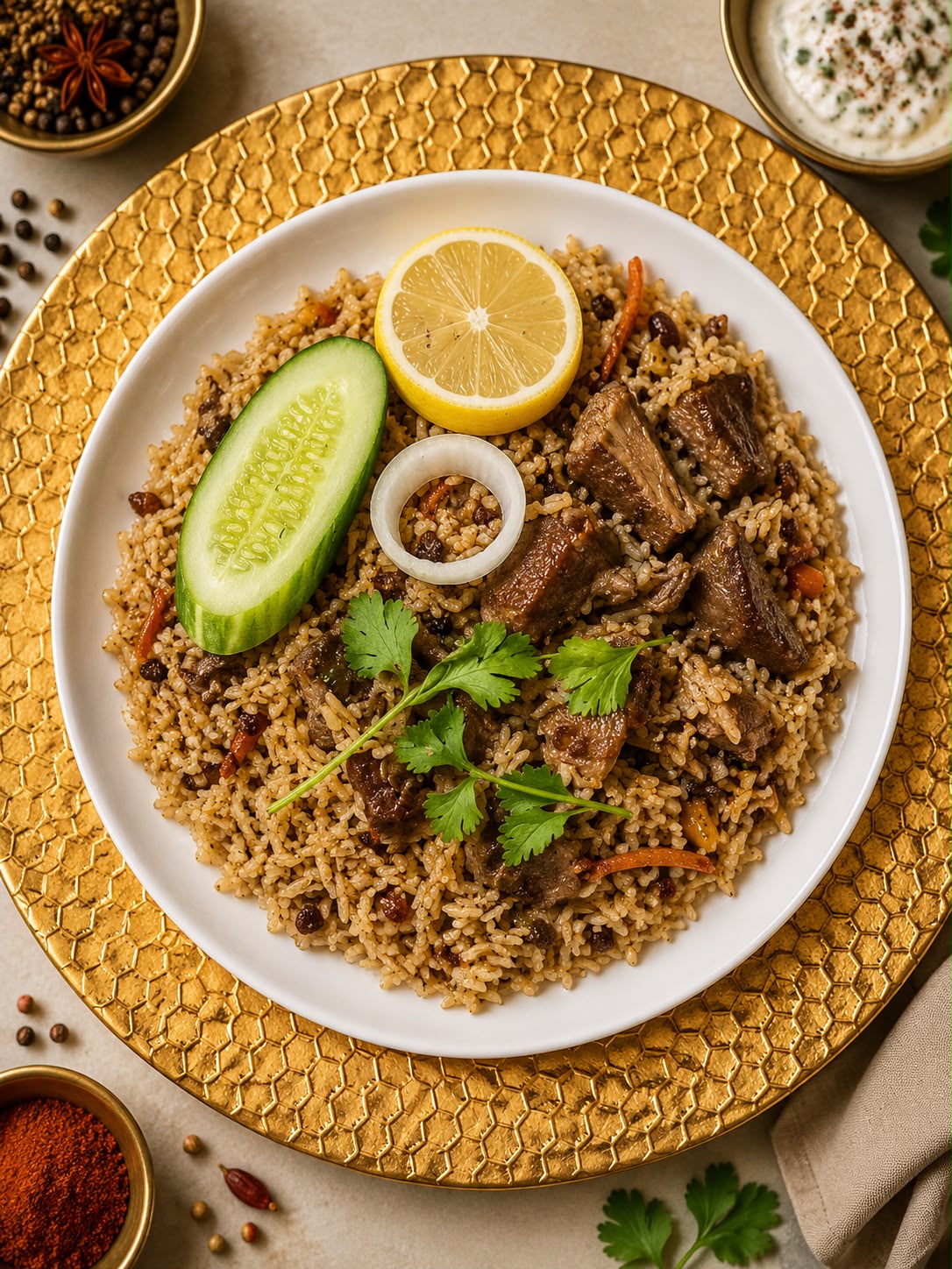 Biryani pot with rice and spices
